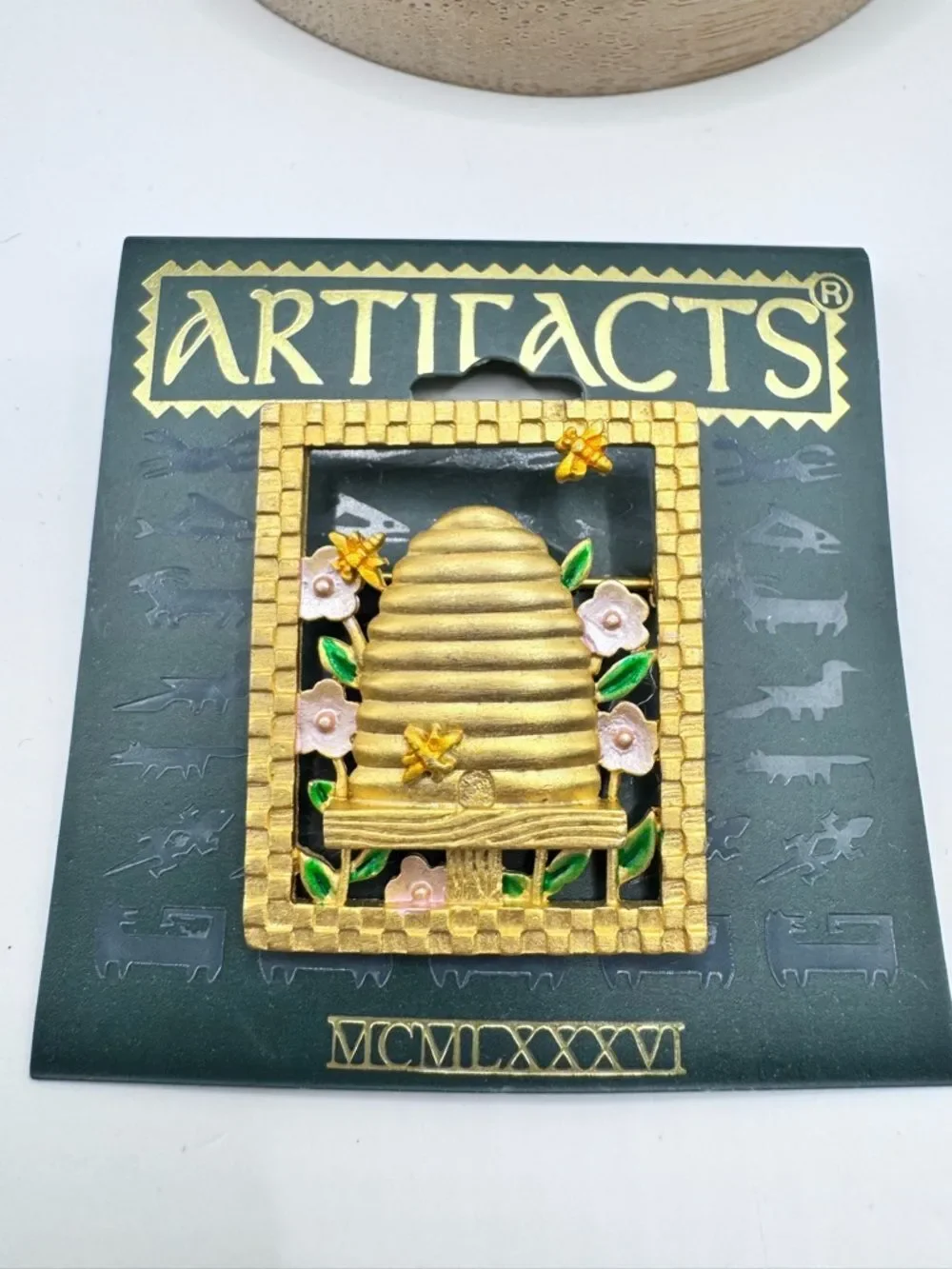 Vintage 1986 Artifacts Beehive Brooch Pin MCMLXXXVI Enamel Flowers Gold Tone